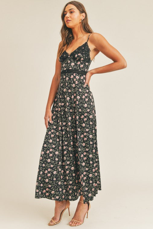 Floral Print Maxi Dress With Lace Detail